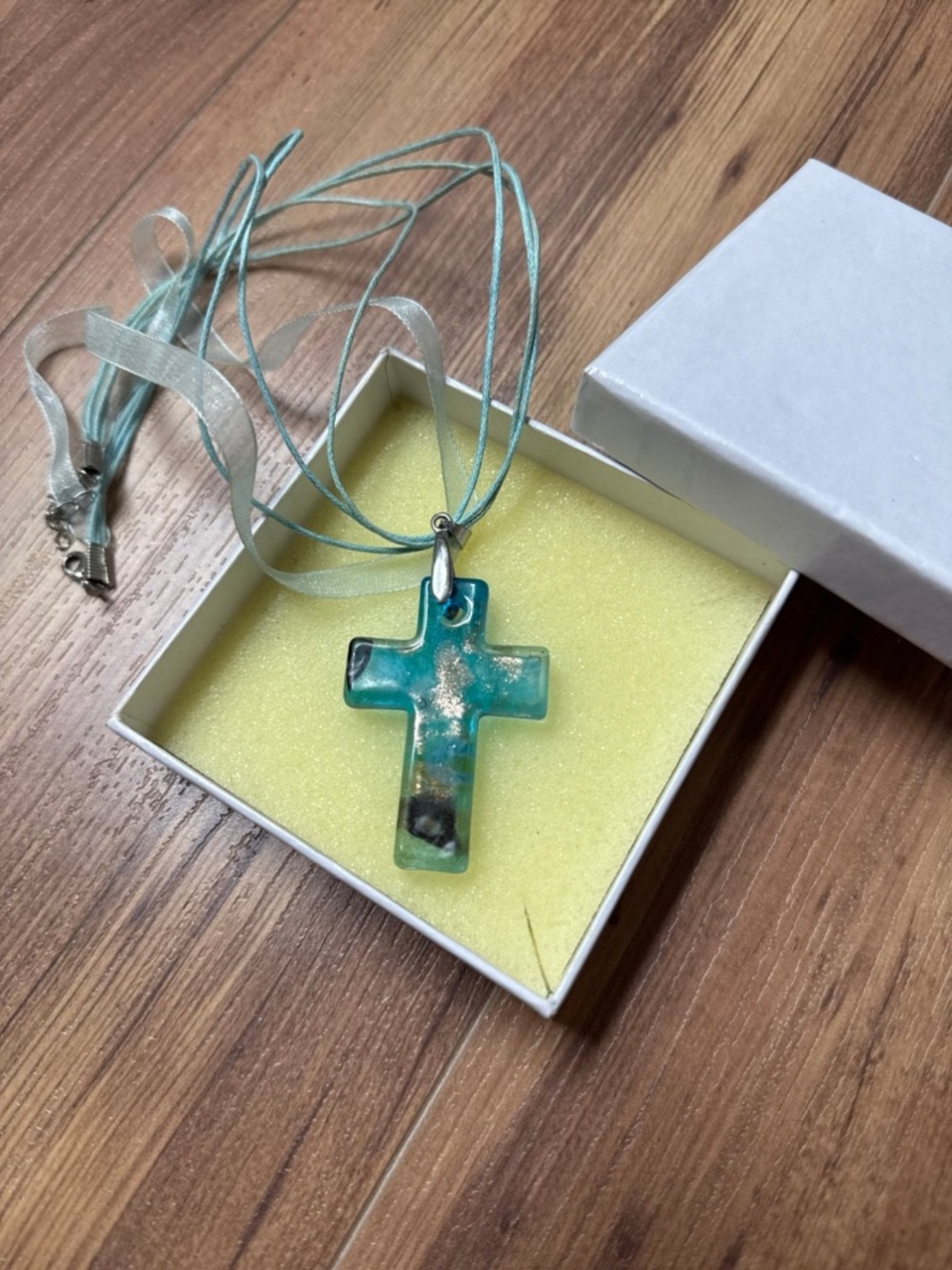 Blue glass cross necklace with gold leaf -  18KGP